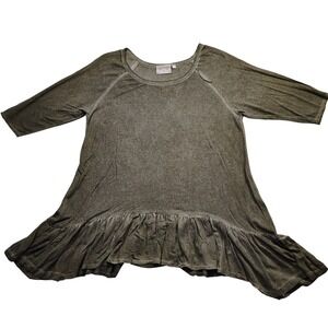 Anthropology Dantelle Olive Green Ruffle Hem Tunic Top 3/4 Sleeve Women's Size L